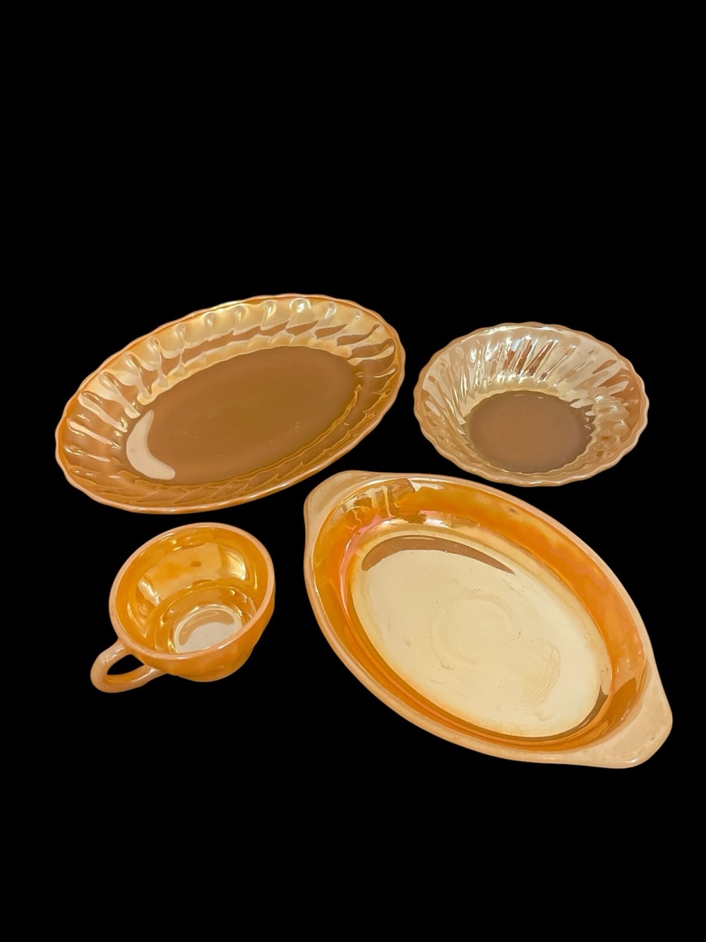 Vintage Fire King Peach Lustre Set of 4 Swirl Pattern Cup Oval Dish Casserole